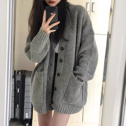 Damen Großer Strickcardigan mit praktischen Taschen und tiefem V-Ausschnitt Merchesia