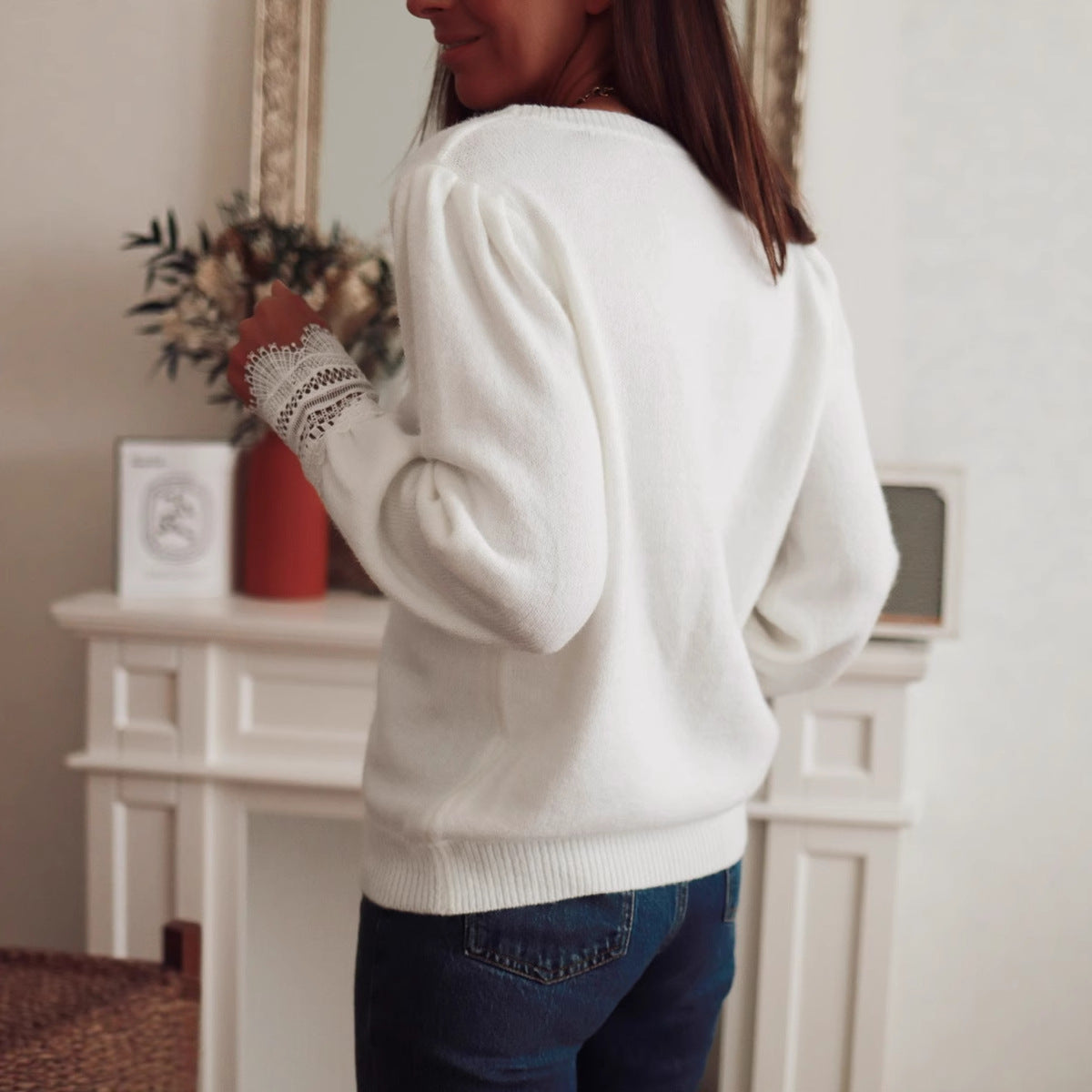 Damen Strickpullover mit Spitzenkragen und Puffärmeln Merchesia