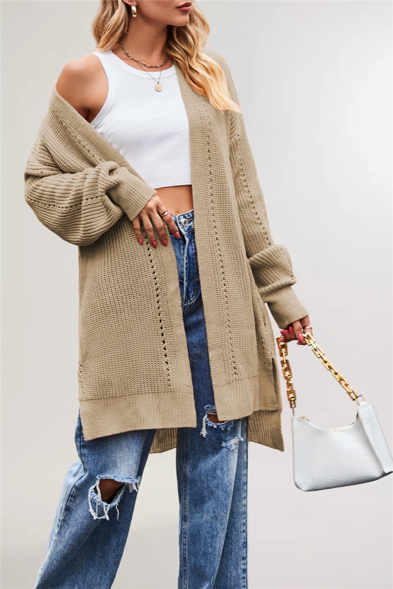 Damen lässige Strickjacke mit offenem Design und weiten Ärmeln Merchesia