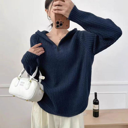 Damen lässiger Strickpullover mit hochgezogenem Kragen und Reißverschluss Merchesia