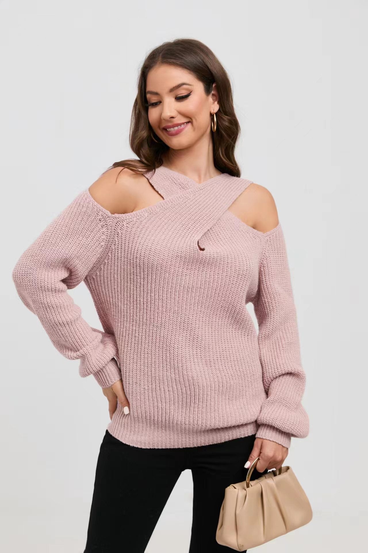 Damen Off-Shoulder Strickpullover mit asymmetrischem Design Merchesia