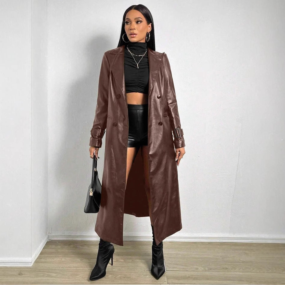 Damen Eleganter und modischer Trenchcoat aus Kunstleder Merchesia