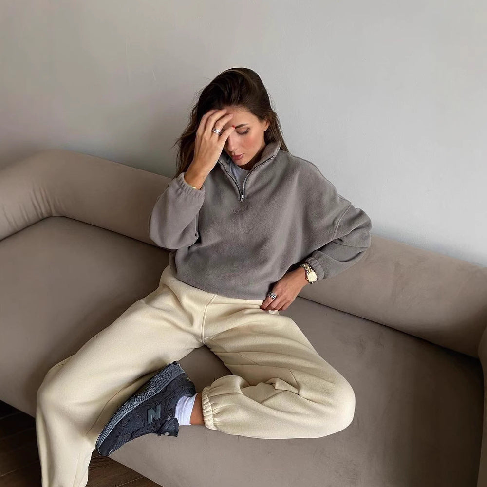 Damen modischer Fleece-Pullover mit Halb-Reißverschluss und überschnittenen Schultern Merchesia