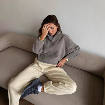 Damen modischer Fleece-Pullover mit Halb-Reißverschluss und überschnittenen Schultern Merchesia