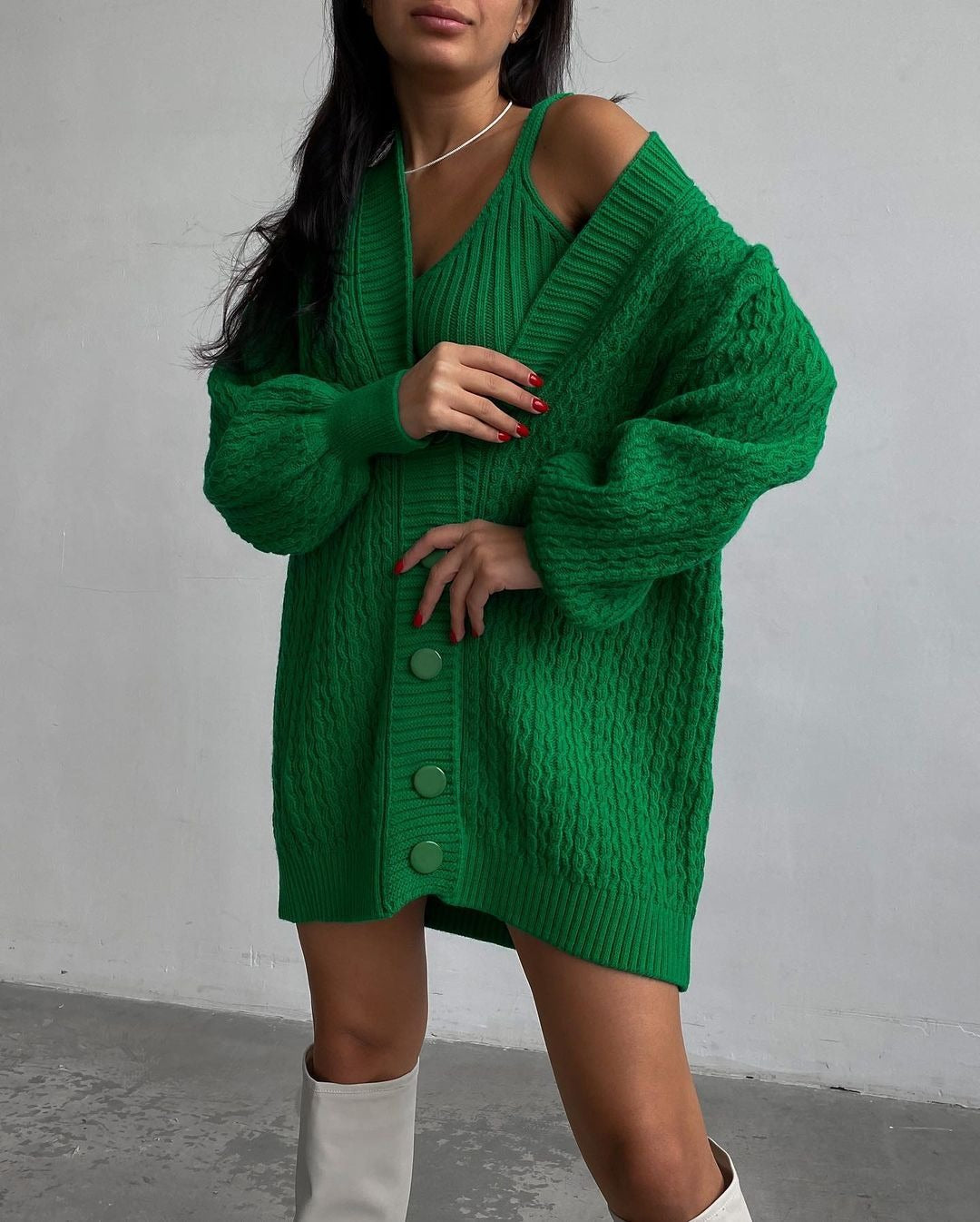 Damen Großer Strickcardigan mit Knopfleiste und Ballonärmeln Merchesia