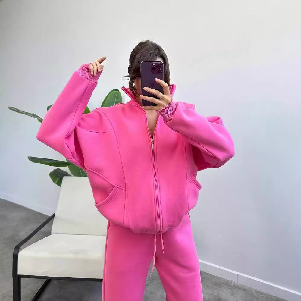 Damen bequemer und stilvoller Zip-Hoodie mit passenden Jogginghosen Merchesia