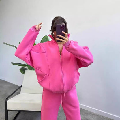 Damen bequemer und stilvoller Zip-Hoodie mit passenden Jogginghosen Merchesia