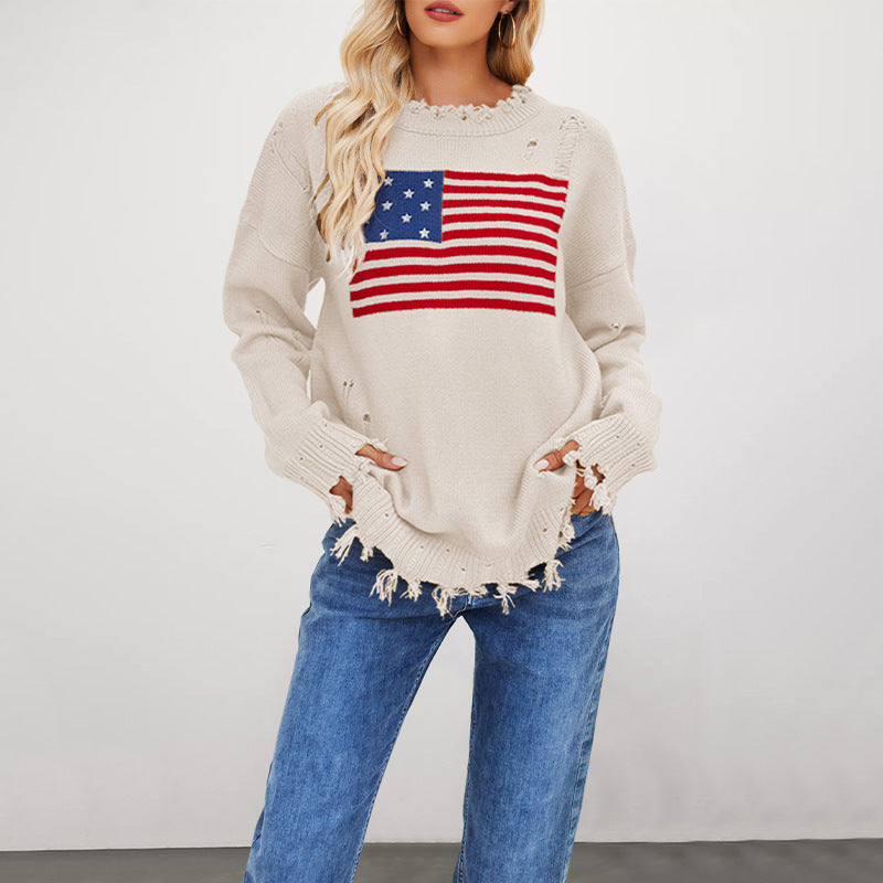 Damen lässiger Pullover mit Flaggenmuster und fransigem Saum Merchesia
