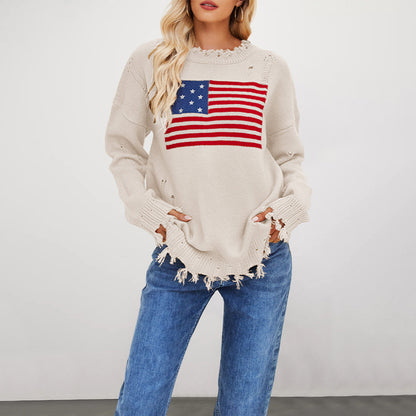 Damen lässiger Pullover mit Flaggenmuster und fransigem Saum Merchesia