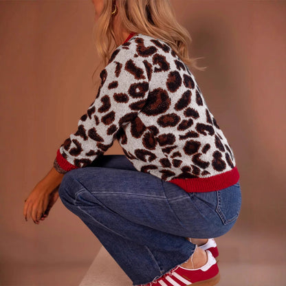 Damen modischer Pullover mit Leopardenmuster und kontrastierenden Bündchen Merchesia