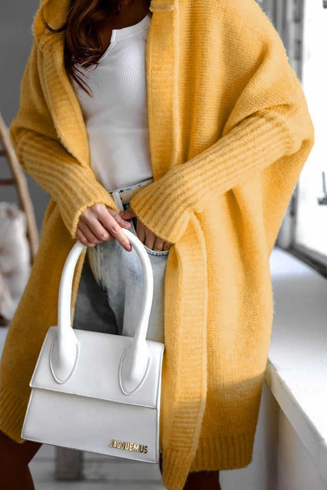 Damen kuschelige Strickjacke mit Kapuze und offenem Schnitt Merchesia