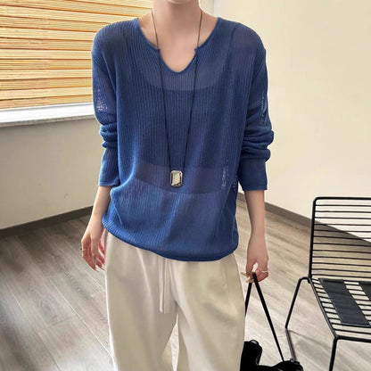 Damen luftiger Strickpullover mit V-Ausschnitt und lässigem Schnitt Merchesia