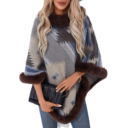 Damen Kuschelpullover mit hochwertigem Kunstfellbesatz und geometrischem Muster Merchesia