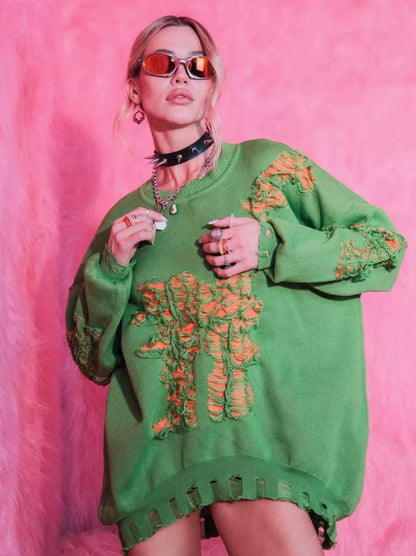 Damen grob gestrickter Oversized-Pullover mit einzigartiger Transparenzstruktur und modernen Akzenten Merchesia