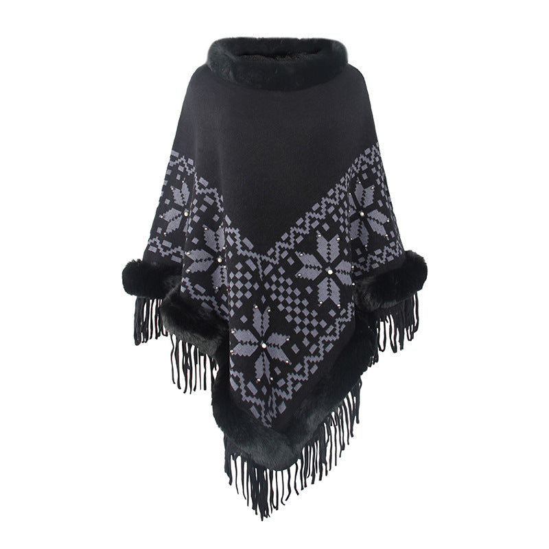 Damen eleganter Poncho mit dekorativem Fransen-Design und Kunstfellbesatz Merchesia