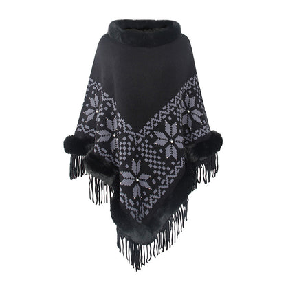 Damen eleganter Poncho mit dekorativem Fransen-Design und Kunstfellbesatz Merchesia