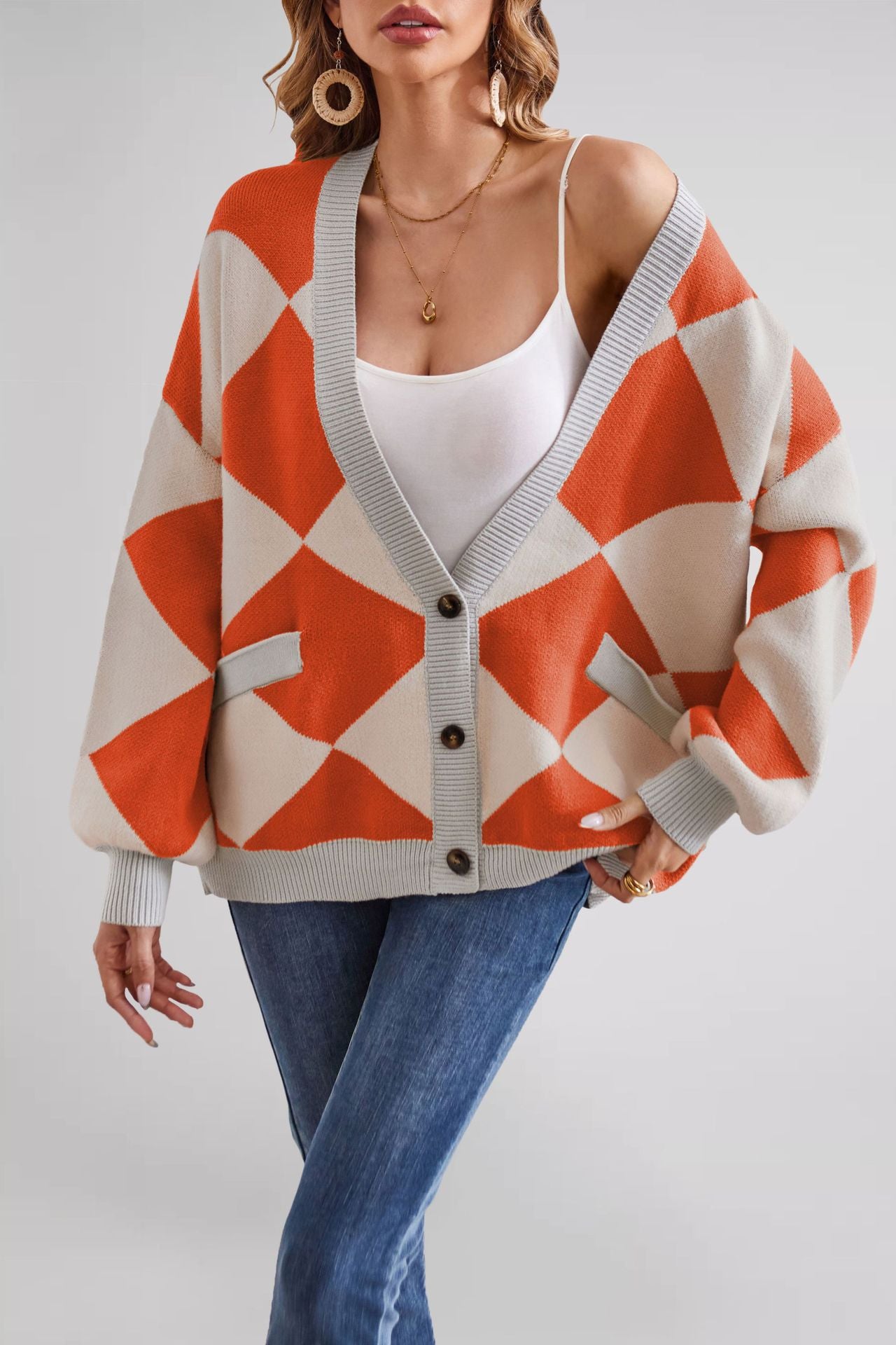 Damen Übergroße Strickjacke mit Karomuster und tiefem V-Ausschnitt Merchesia