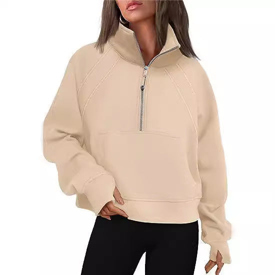 Damen kuscheliger Half-Zip Pullover mit Kapuze und Kängurutasche Merchesia