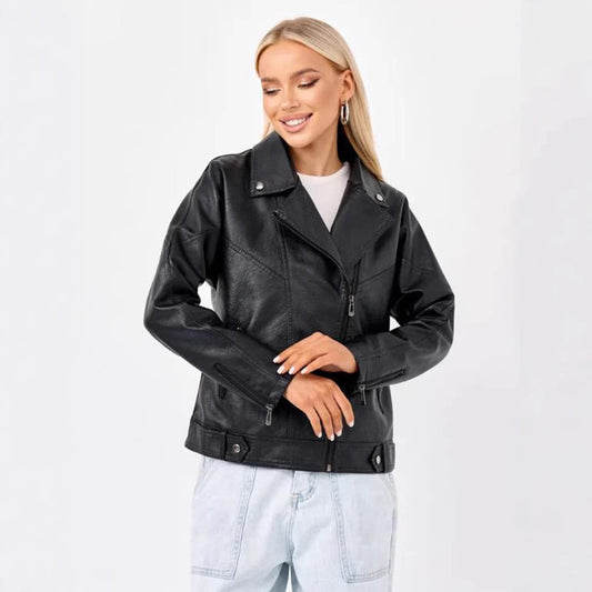 Damen hochwertige Kunstlederjacke im Biker-Stil mit asymmetrischem Reißverschluss Merchesia