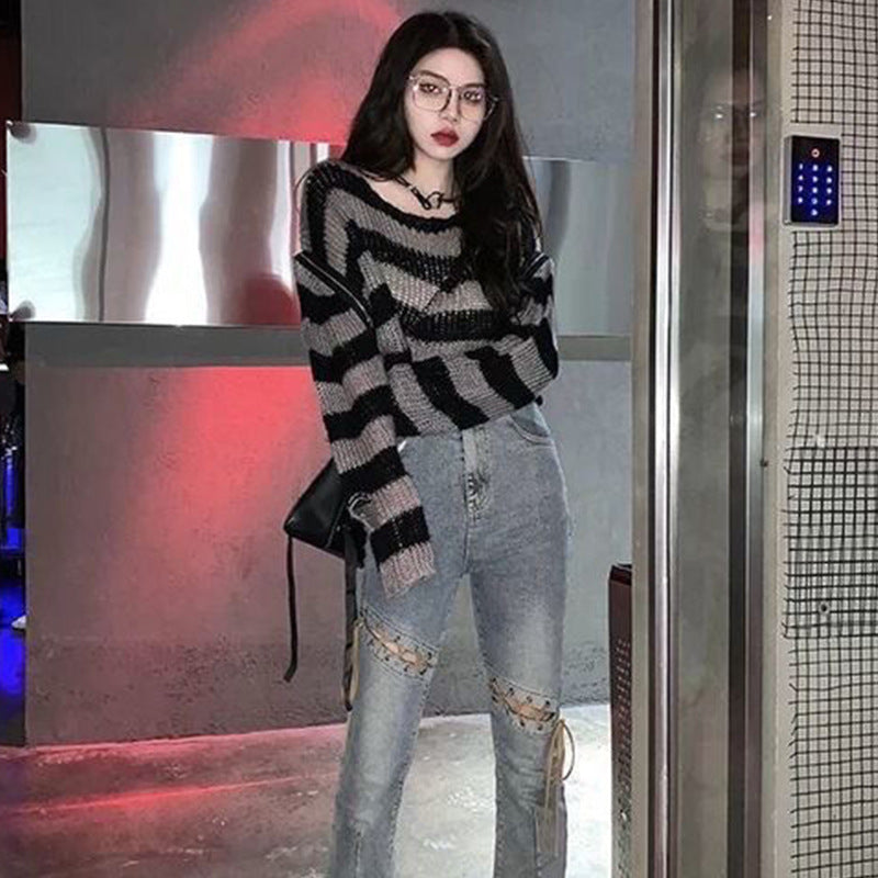 Damen lässiger Cropped Strickpullover mit Streifenmuster Merchesia