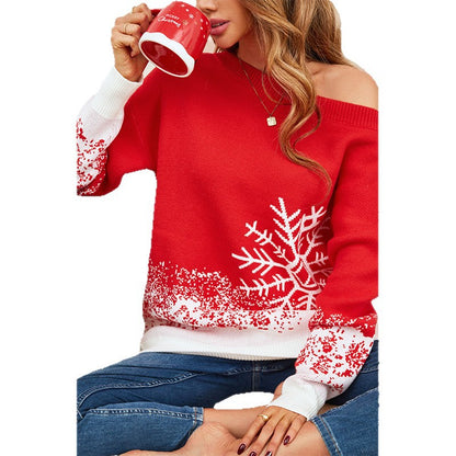 Damen festlicher Weihnachts-Pullover mit elegantem Schneeflocken-Motiv und Off-Shoulder Design Merchesia