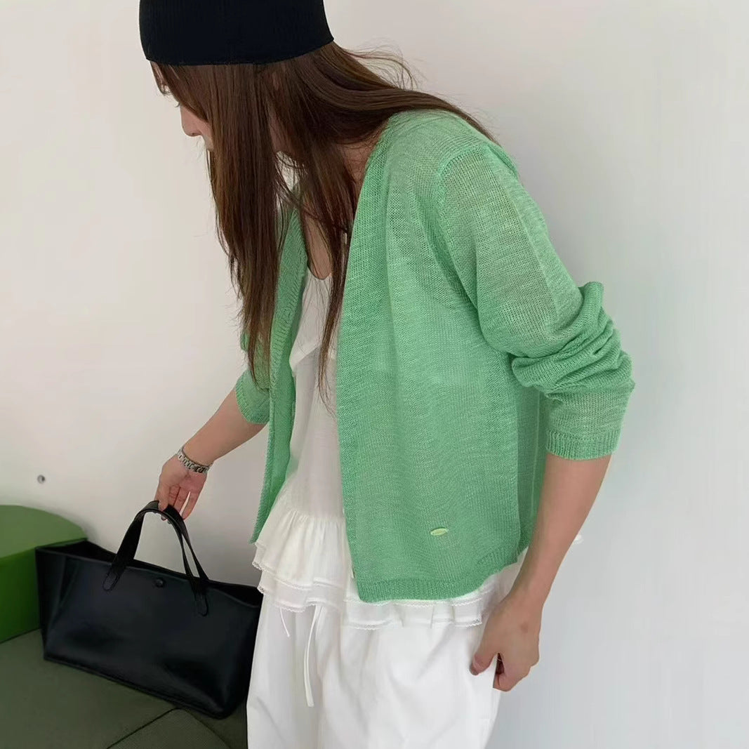 Damen leichte Strickjacke mit zarter Transparenz Merchesia