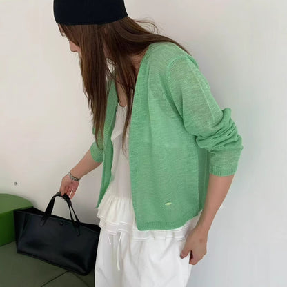 Damen leichte Strickjacke mit zarter Transparenz Merchesia