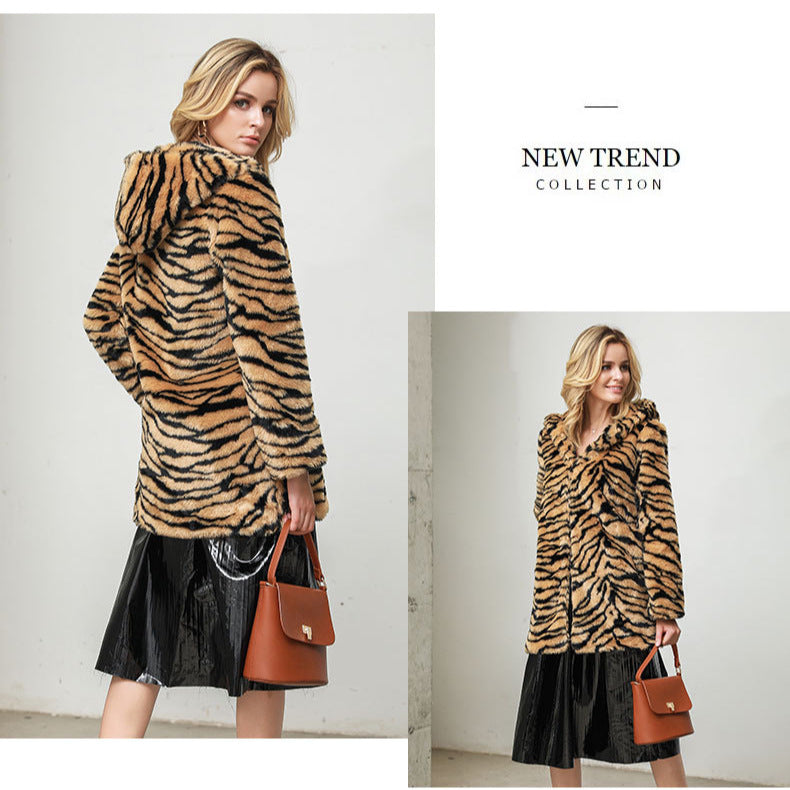 Damen Kunstfelljacke mit tigerstreifen Muster Merchesia