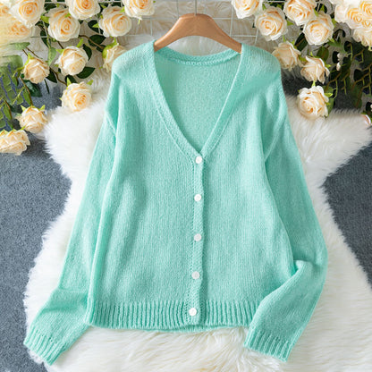 Damen gemütliche Strickjacke mit V-Ausschnitt und lässigen Puffärmeln Merchesia