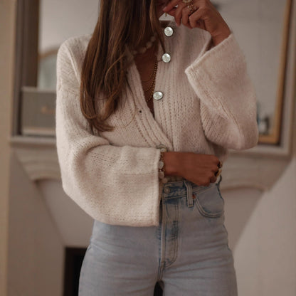 Damen kuschelige Strickjacke mit oversized Ärmeln und eleganten Perlenknöpfen Merchesia