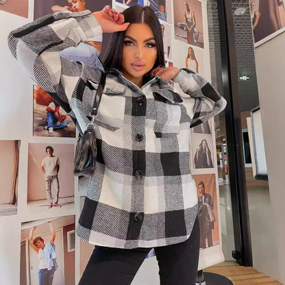 Damen Karierte overshirt mit weichem Fleece und Druckknopfverschluss Merchesia