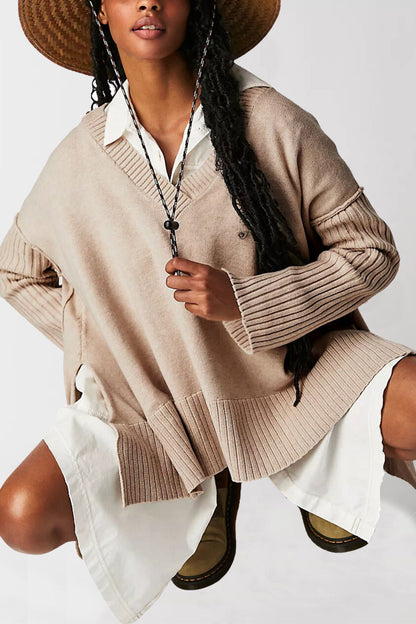 Damen lässiger V-Ausschnitt Pullover mit strukturierten Ärmeln und Oversized-Schnitt Merchesia