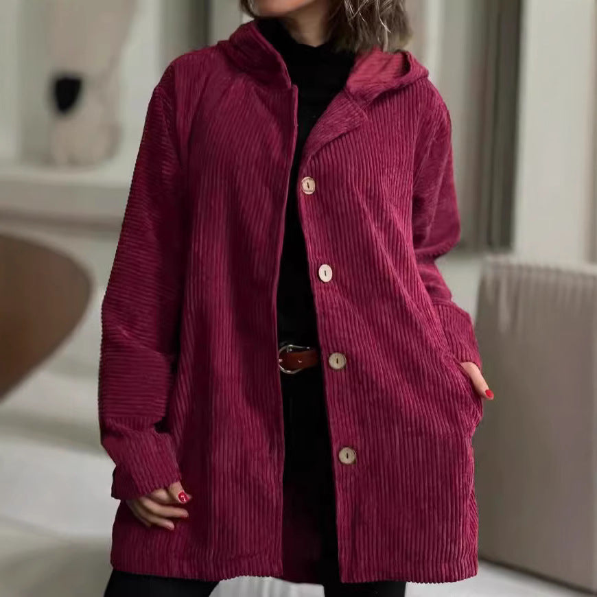 Damen Kapuzenjacke aus Kordstoff mit Knopfverschluss Merchesia