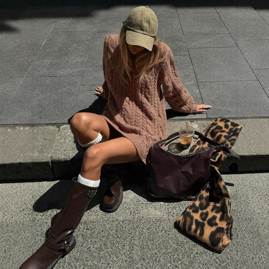 Damen Strickkleid mit Kabelmuster und lockerer Passform Merchesia