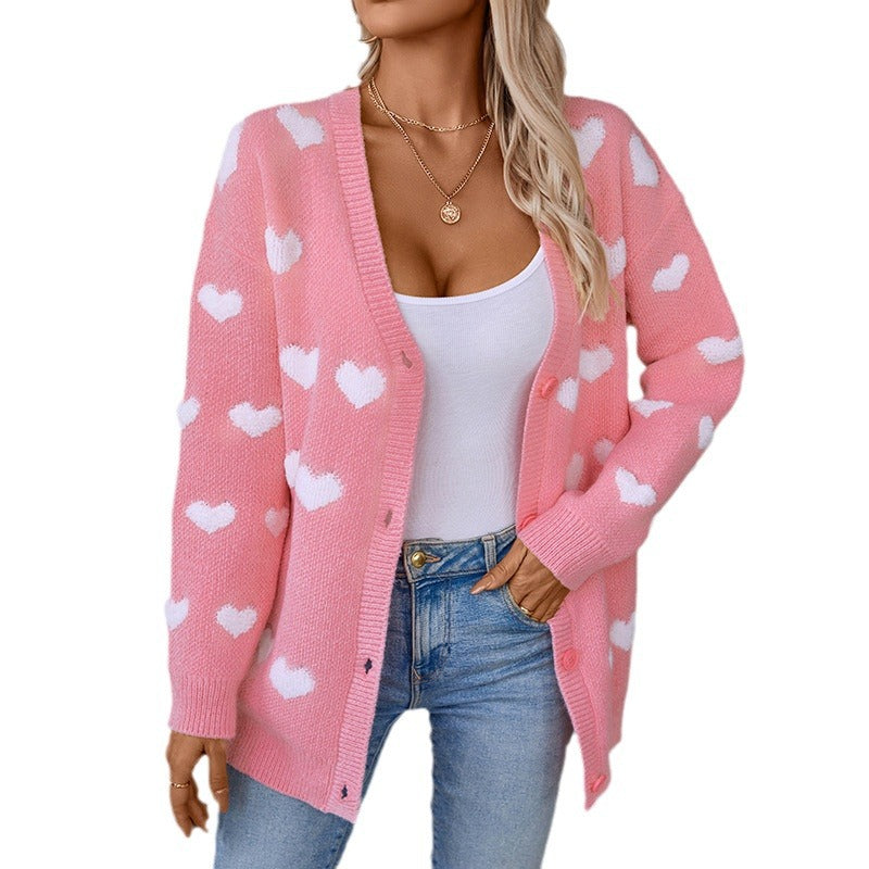 Damen gemütliche Strickjacke mit Herzmuster und V-Ausschnitt Merchesia