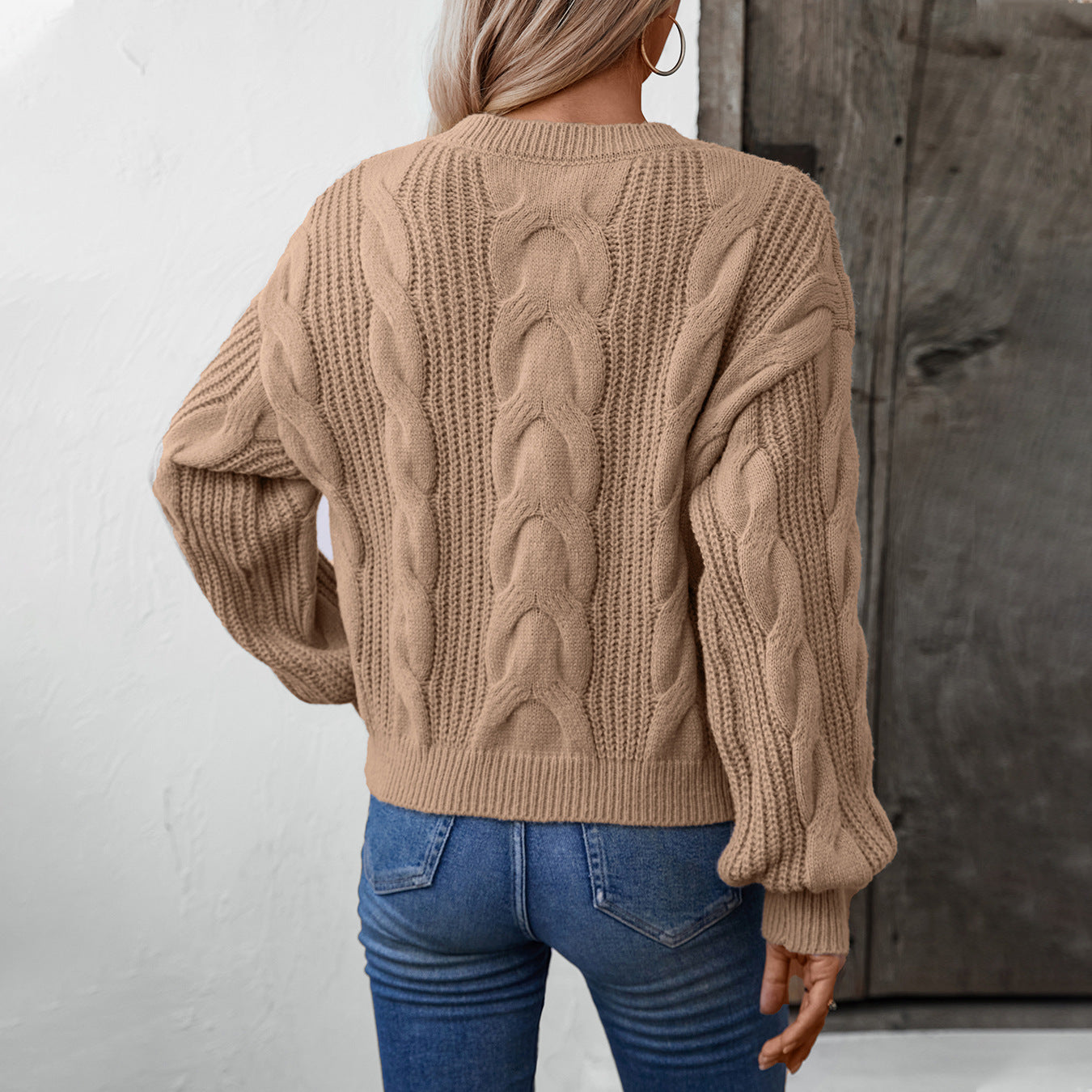 Damen grob gestrickter Pullover mit voluminösen Ärmeln und Zopfmuster Merchesia