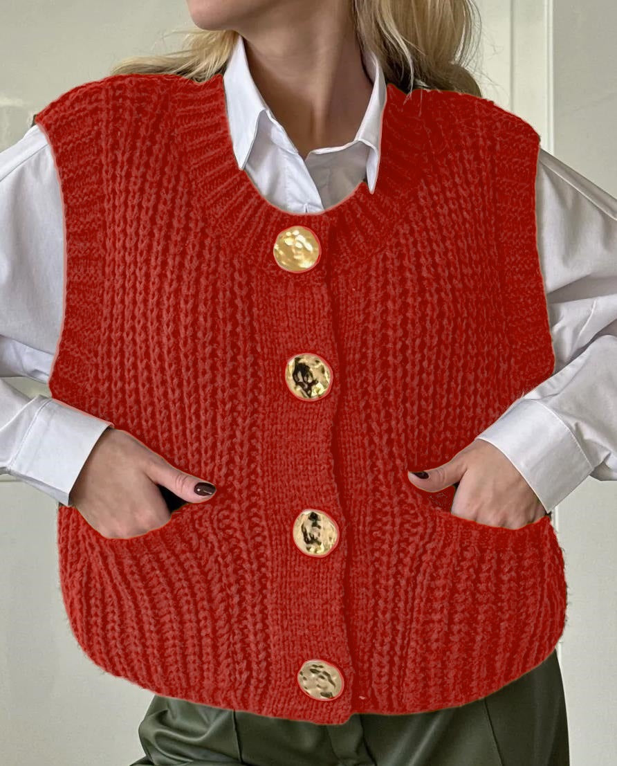 Damen gemütliche Strickweste mit großen Knöpfen und praktischen Taschen Merchesia