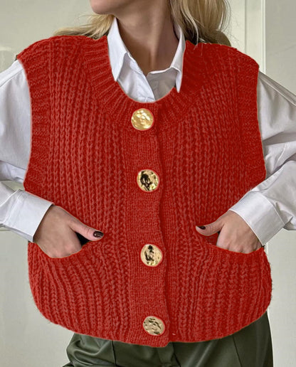 Damen gemütliche Strickweste mit großen Knöpfen und praktischen Taschen Merchesia