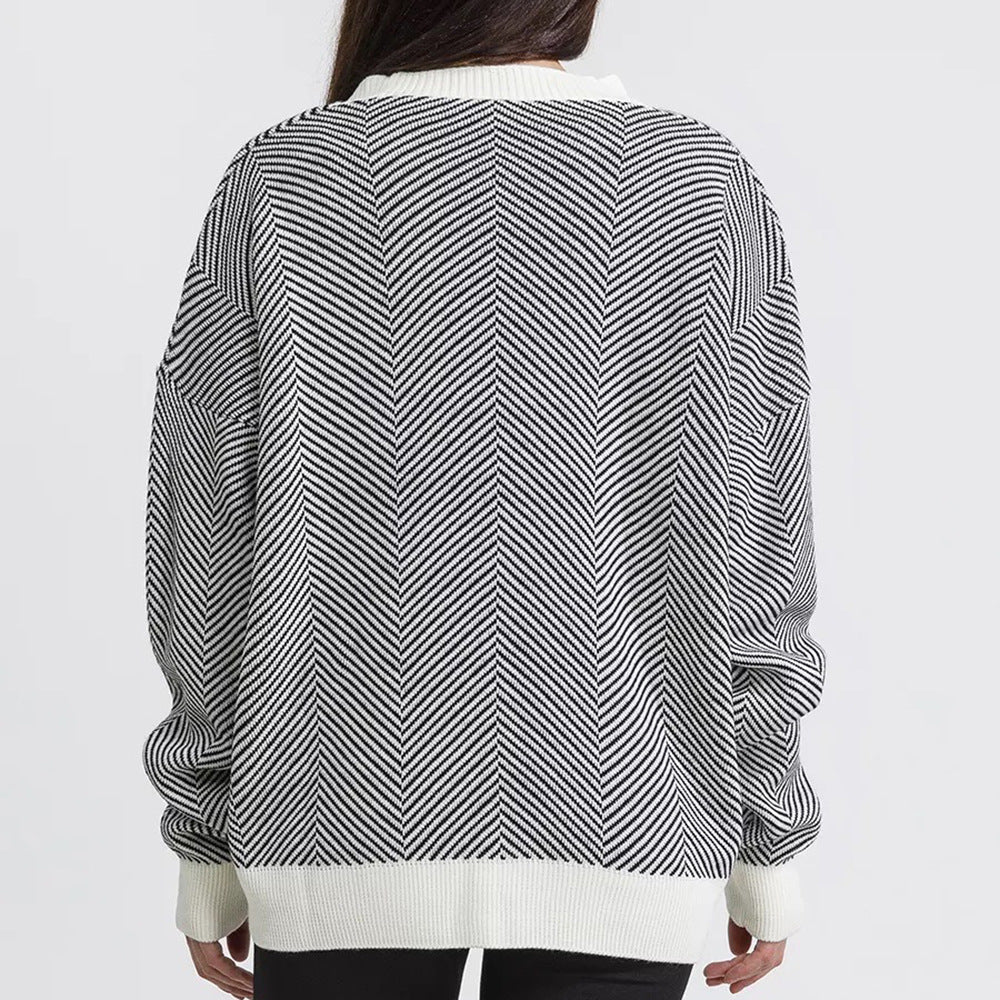 Damen Strickjacke mit Chevron-Muster und großen Knopfdetails Merchesia