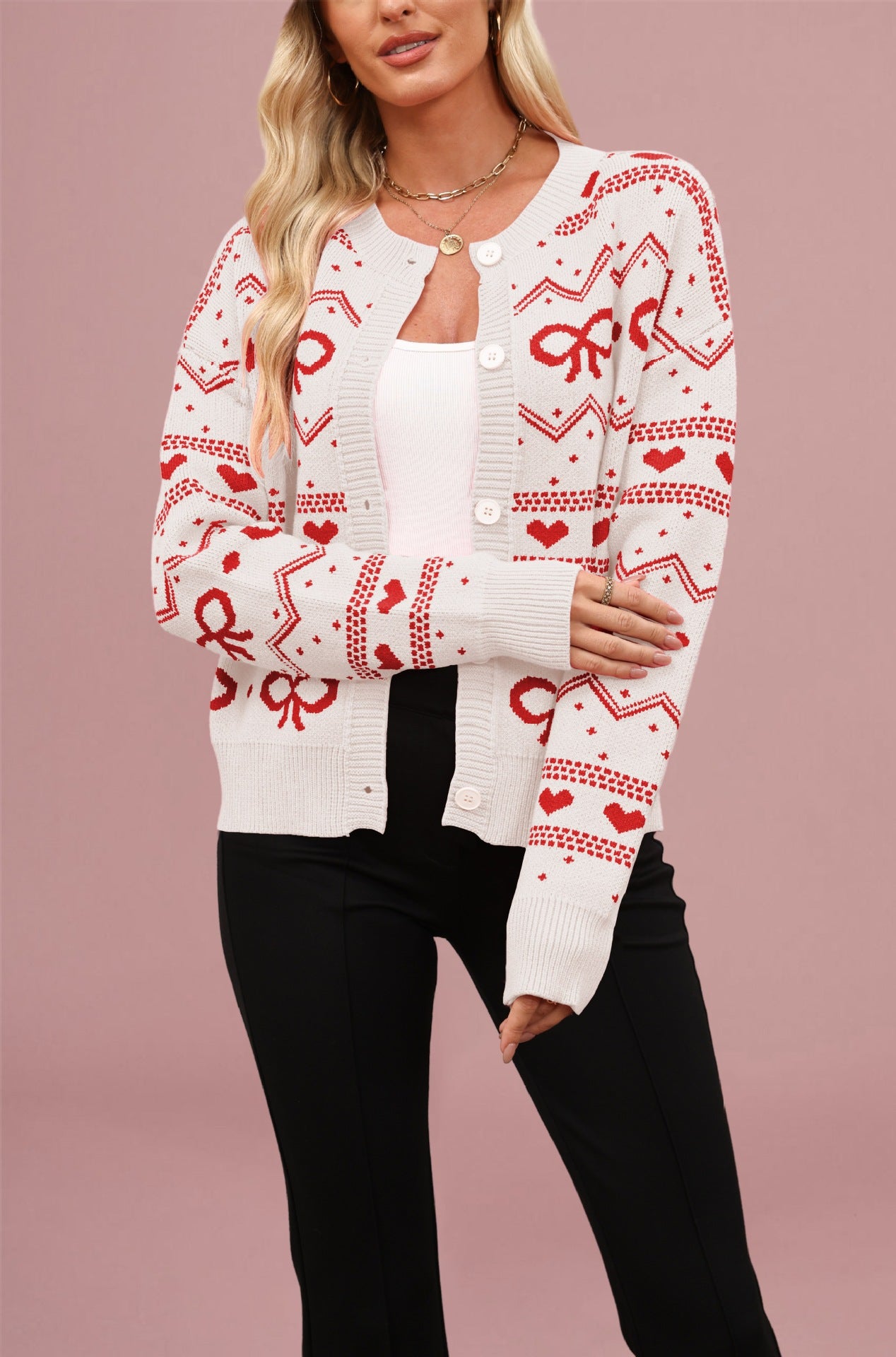 Damen Strickjacke mit verspieltem Herz- und Schleifenmuster Merchesia