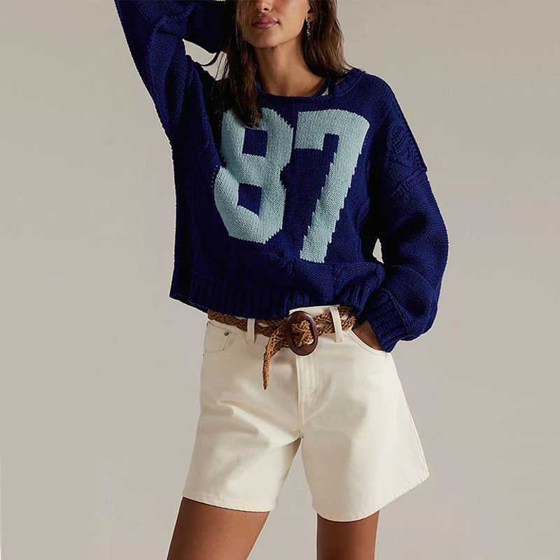 Damen Freizeit Strickpullover mit sportlicher Nummernstickerei Merchesia