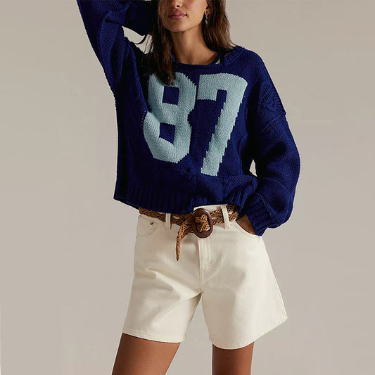 Damen Freizeit Strickpullover mit sportlicher Nummernstickerei Merchesia