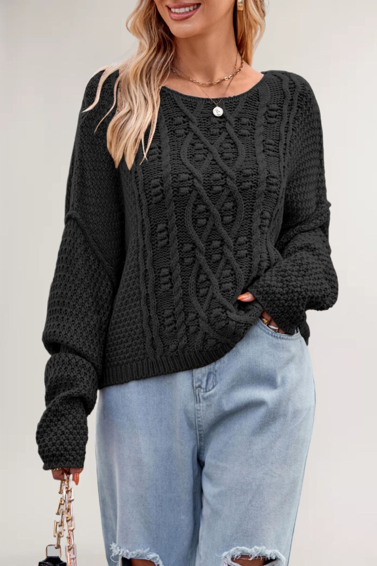 Damen Strickpullover mit strukturiertem Zopfmuster Merchesia