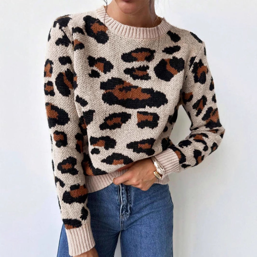Damen kuscheliger Strickpullover mit Leopardenmuster und überschnittenen Schultern Merchesia