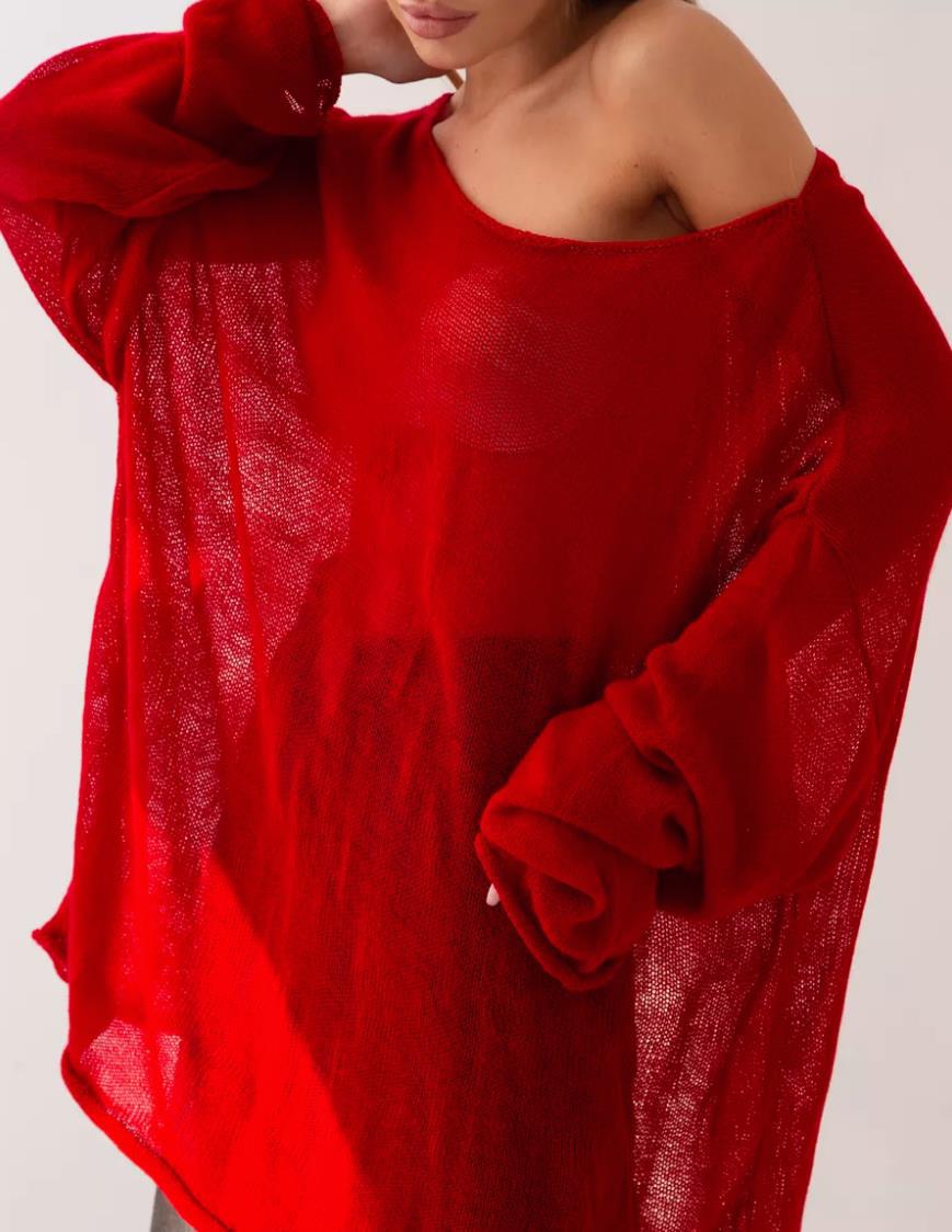 Damen luftige Strickbluse mit offenen Schultern und weiten Ärmeln Merchesia