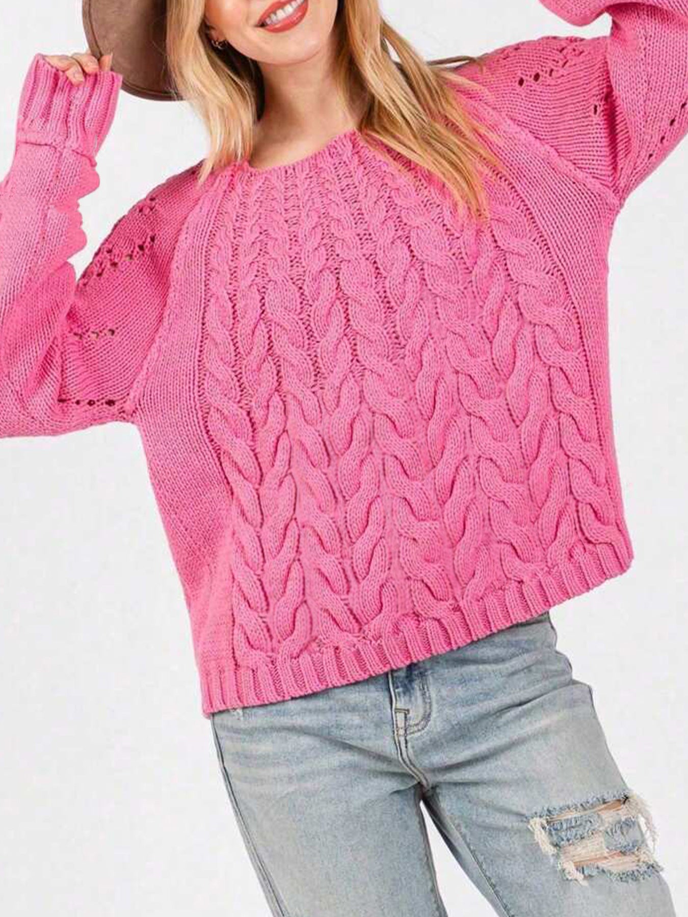 Damen Grobstrickpullover mit voluminösen Ärmeln und feinem Lochmuster Merchesia
