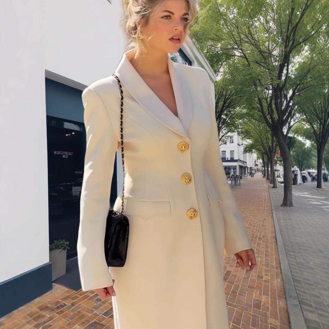 Damen Eleganter Langmantel mit goldenen Knöpfen und klassischem Schnitt Merchesia