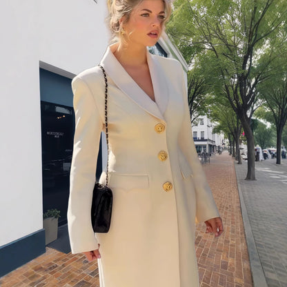 Damen Eleganter Langmantel mit goldenen Knöpfen und klassischem Schnitt Merchesia