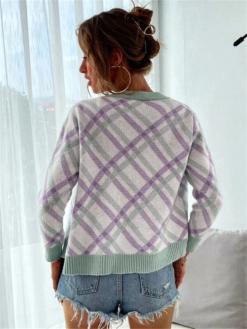 Damen modischer Strickcardigan mit Karomuster und eleganter Knopfleiste Merchesia