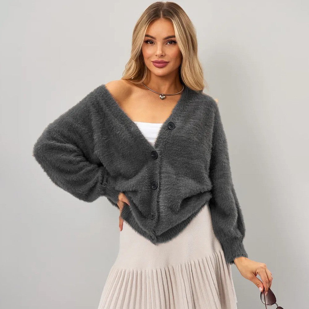 Damen Flauschiger Cardigan mit tiefem V-Ausschnitt und Knopfdetails Merchesia